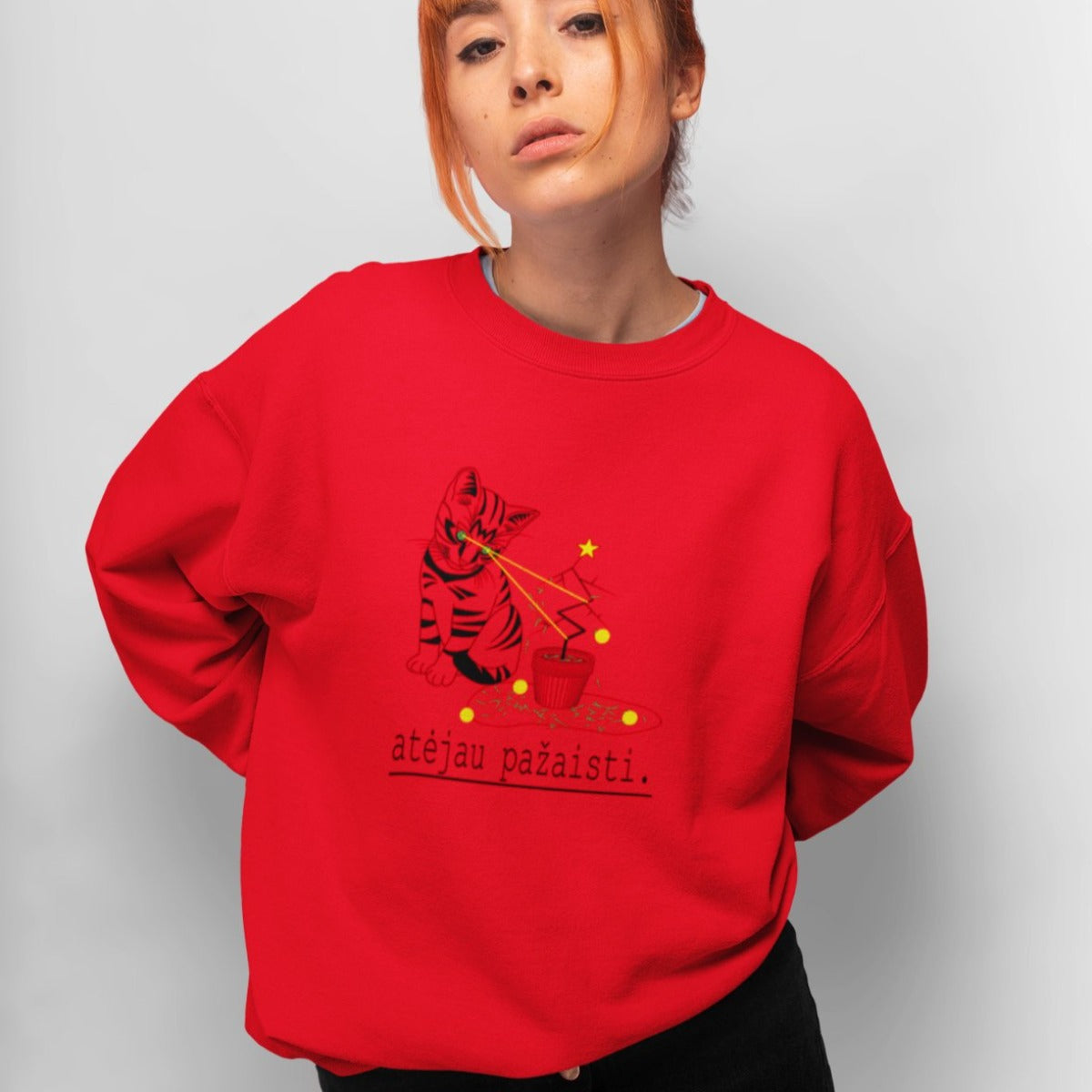 Raudonas UNISEX kalėdinis džemperis be gobtuvo "Atėjau pažaisti"