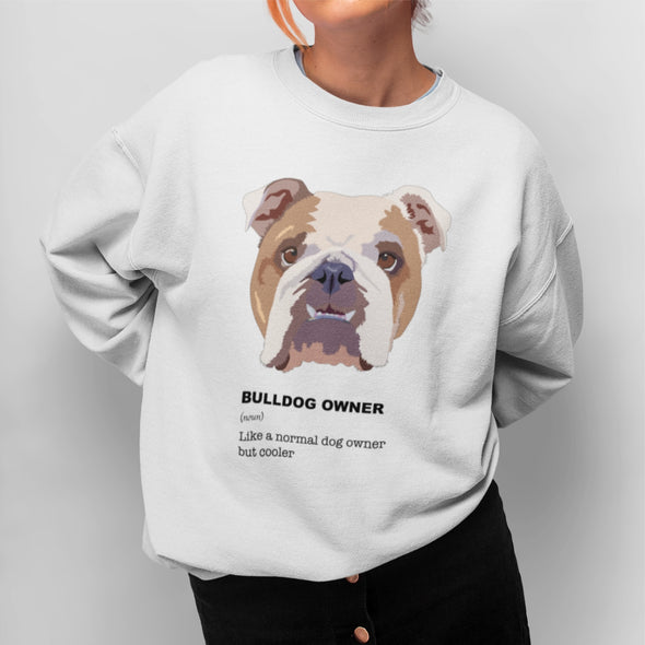 Baltas UNISEX džemperis be gobtuvo "Bulldog owner"