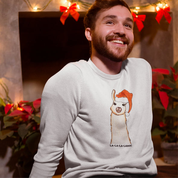 Baltas UNISEX kalėdinis džemperis be gobtuvo "La la lama"