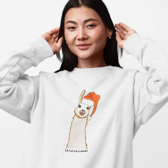 Baltas UNISEX kalėdinis džemperis be gobtuvo "La la lama"