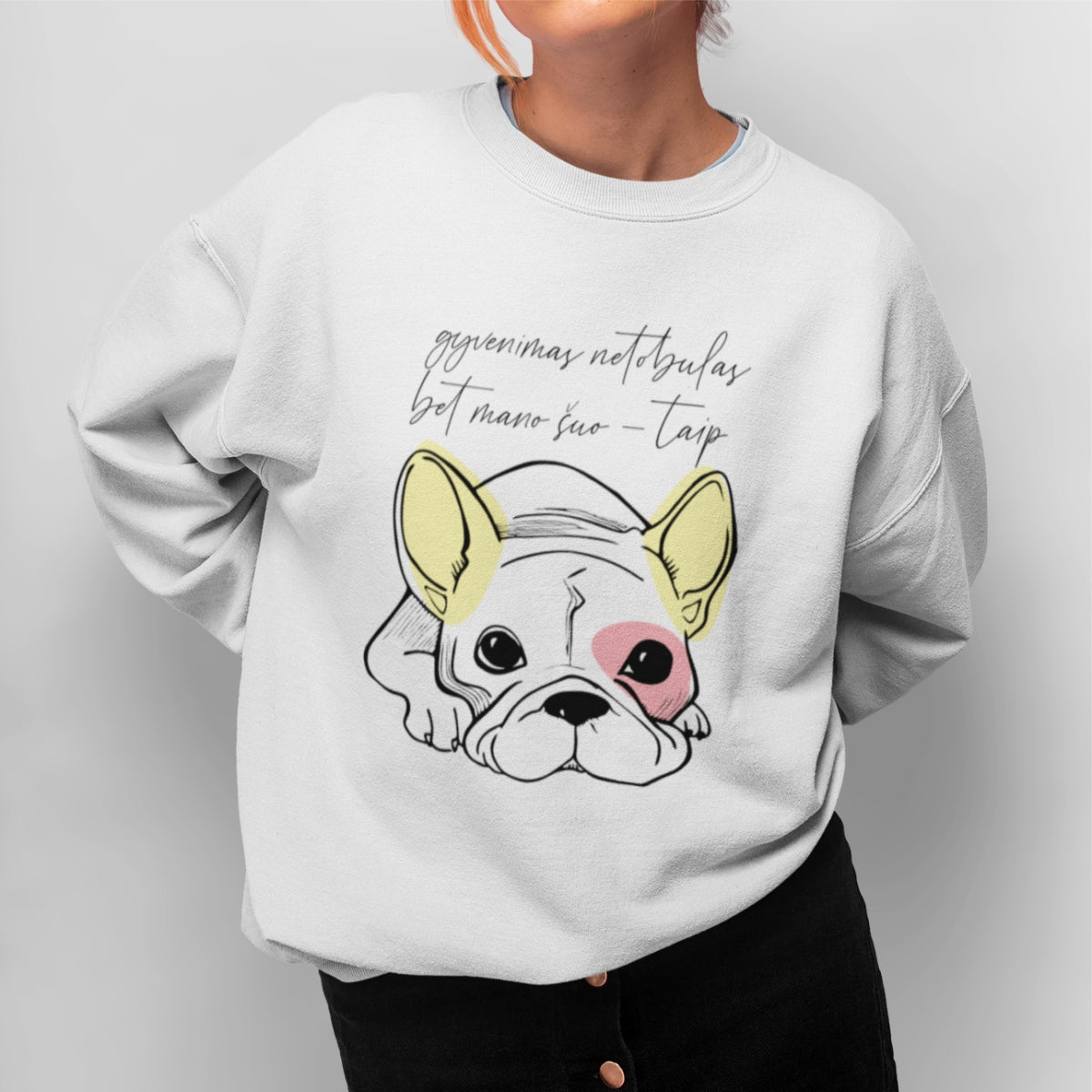 Baltas UNISEX džemperis be gobtuvo "Mano šuo tobulas"