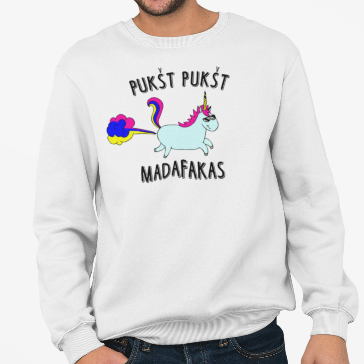 Baltas UNISEX džemperis be kapišono "Pukšt pukšt"
