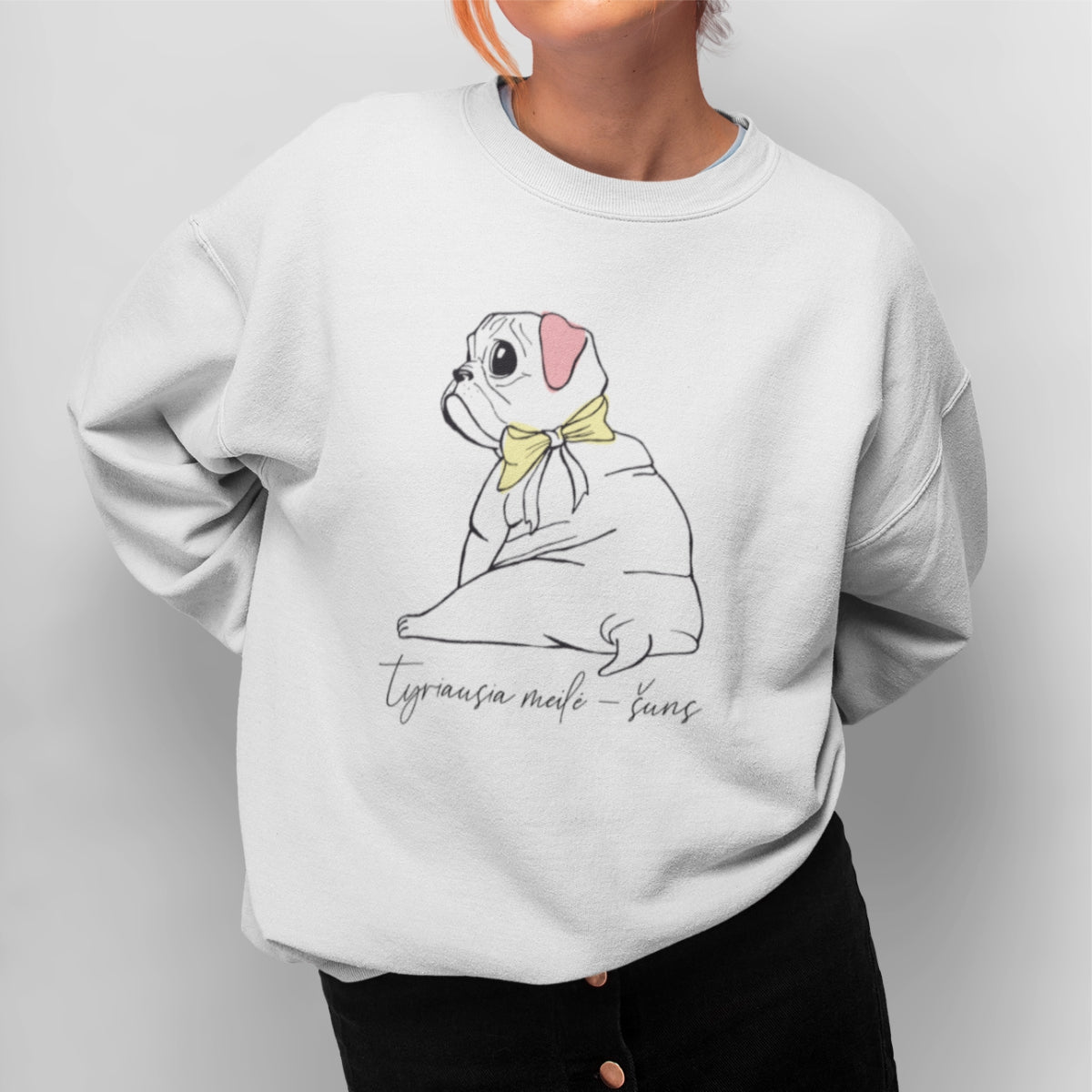 Baltas UNISEX džemperis be gobtuvo "Šuns meilė"