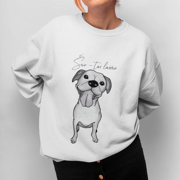 Baltas UNISEX džemperis be gobtuvo "Šuo tai laimė"