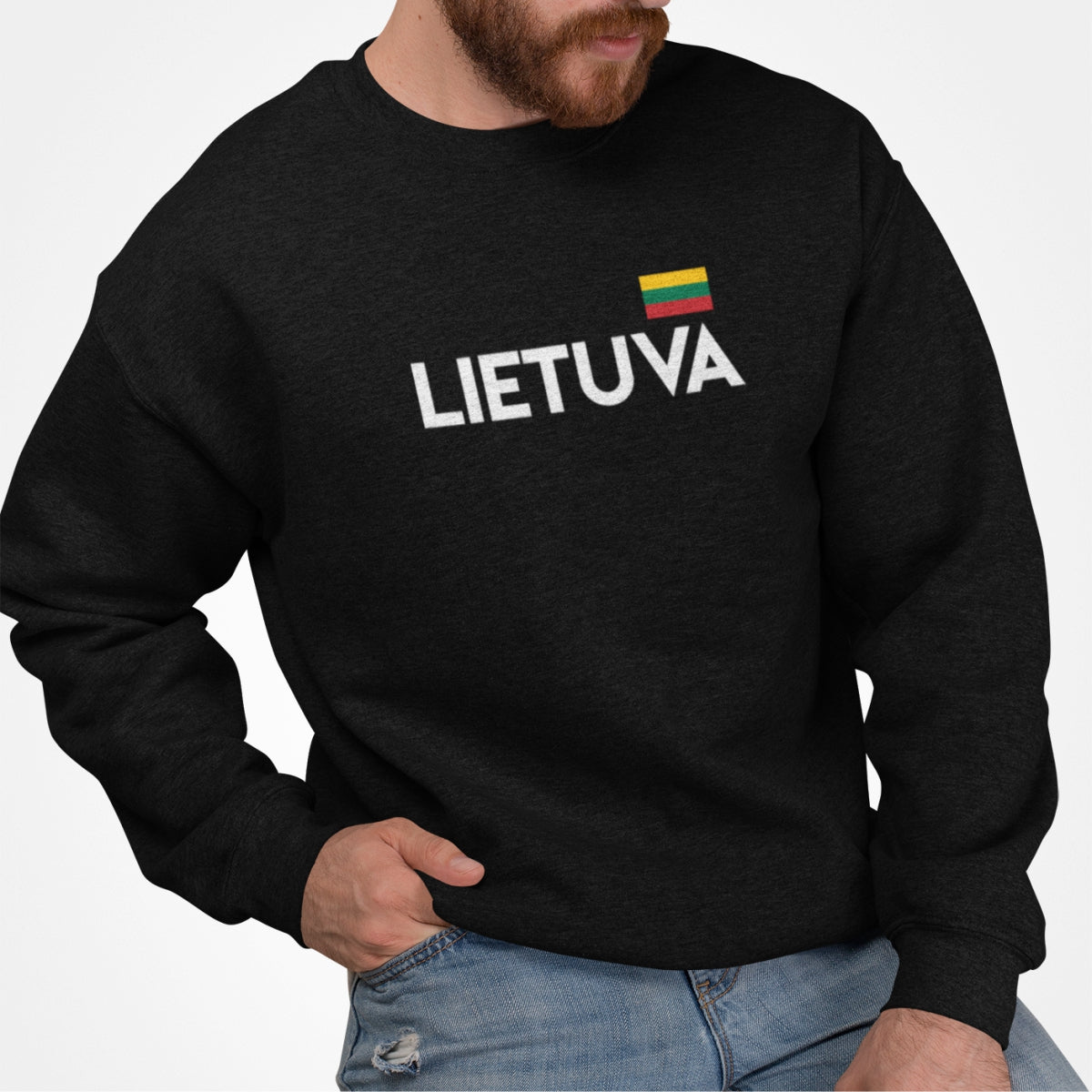 Juodas UNISEX džemperis be kapišono "Lietuva su maža vėliava"