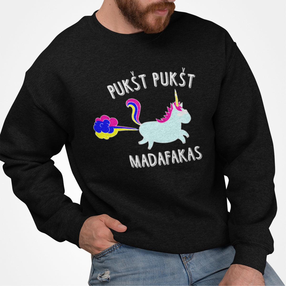 Juodas UNISEX džemperis be kapišono "Pukšt pukšt"