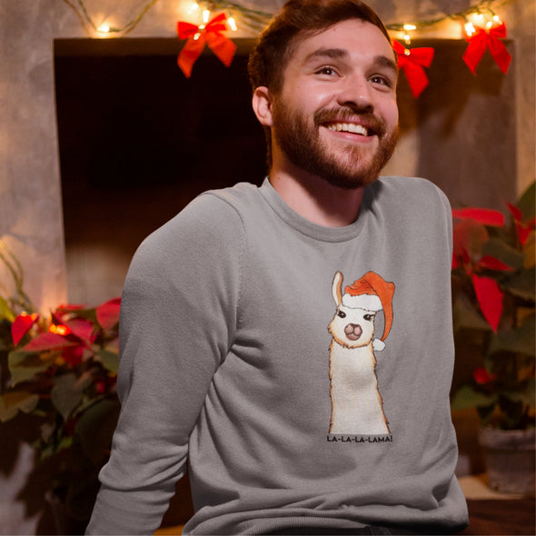 Pilkas melanžinis UNISEX kalėdinis džemperis be gobtuvo "La la lama"