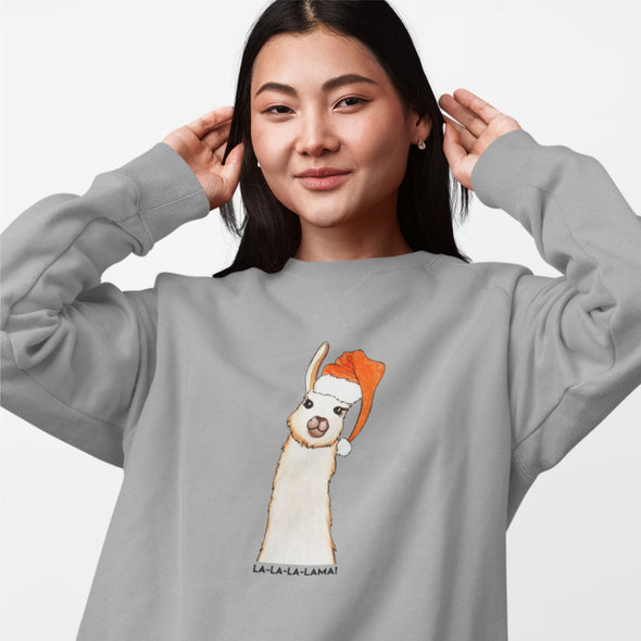 Pilkas melanžinis UNISEX kalėdinis džemperis be gobtuvo "La la lama"