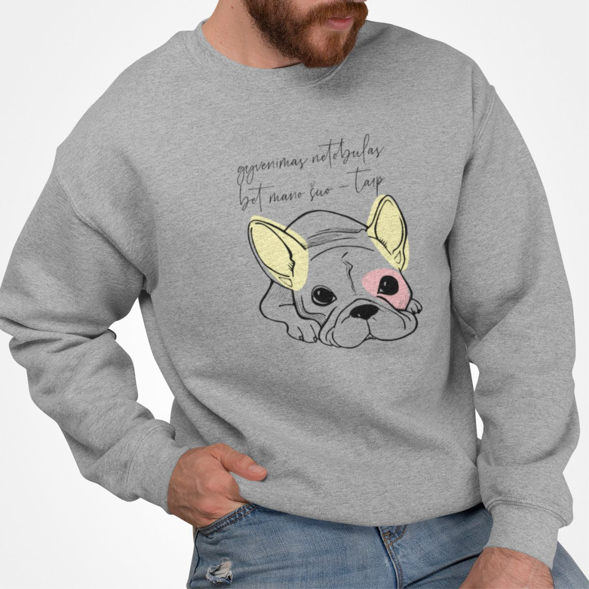 Pilkas UNISEX džemperis be gobtuvo "Mano šuo tobulas"