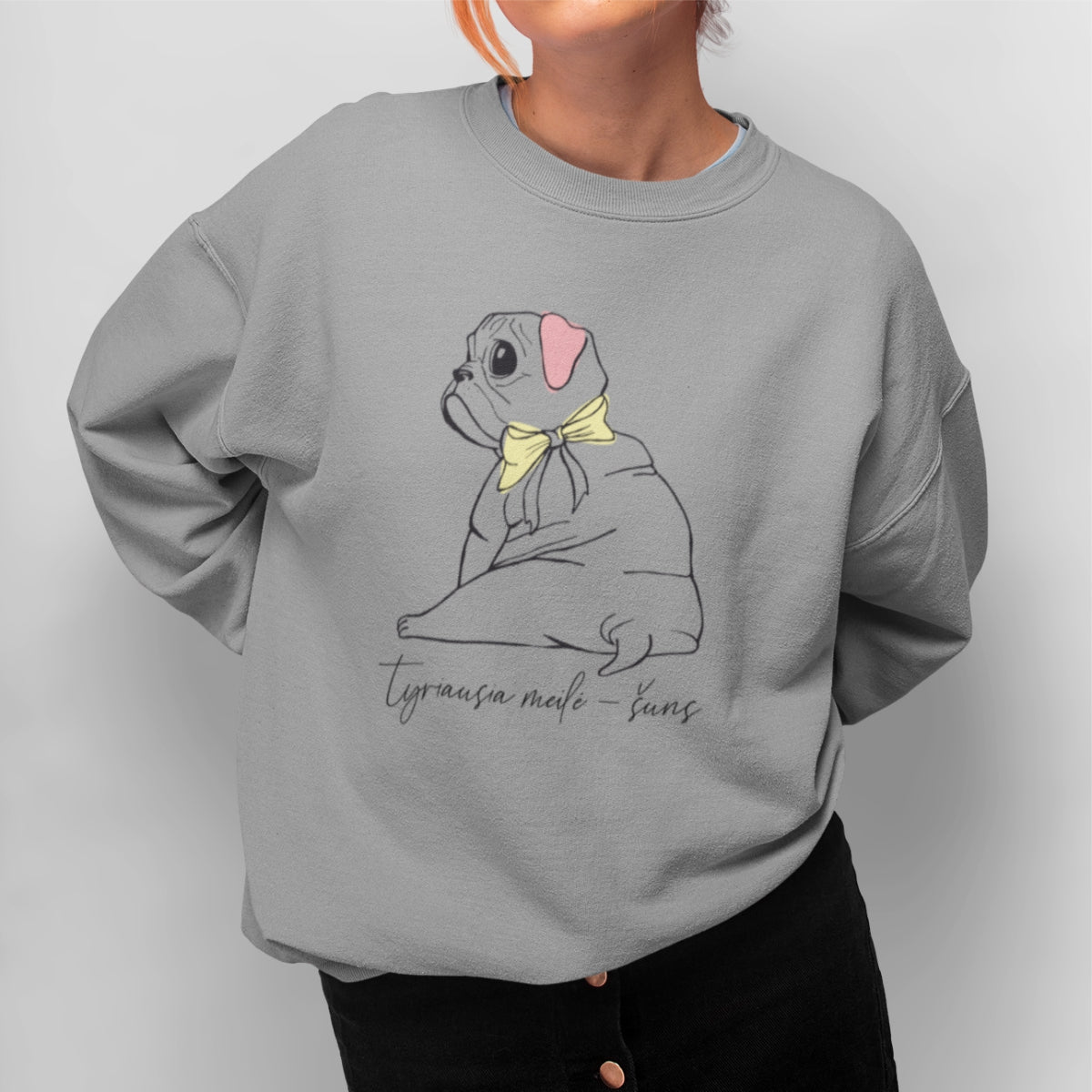 Pilkas UNISEX džemperis be gobtuvo "Šuns meilė"