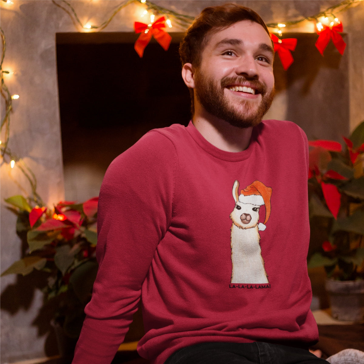 Raudonas UNISEX kalėdinis džemperis be gobtuvo "La la lama"