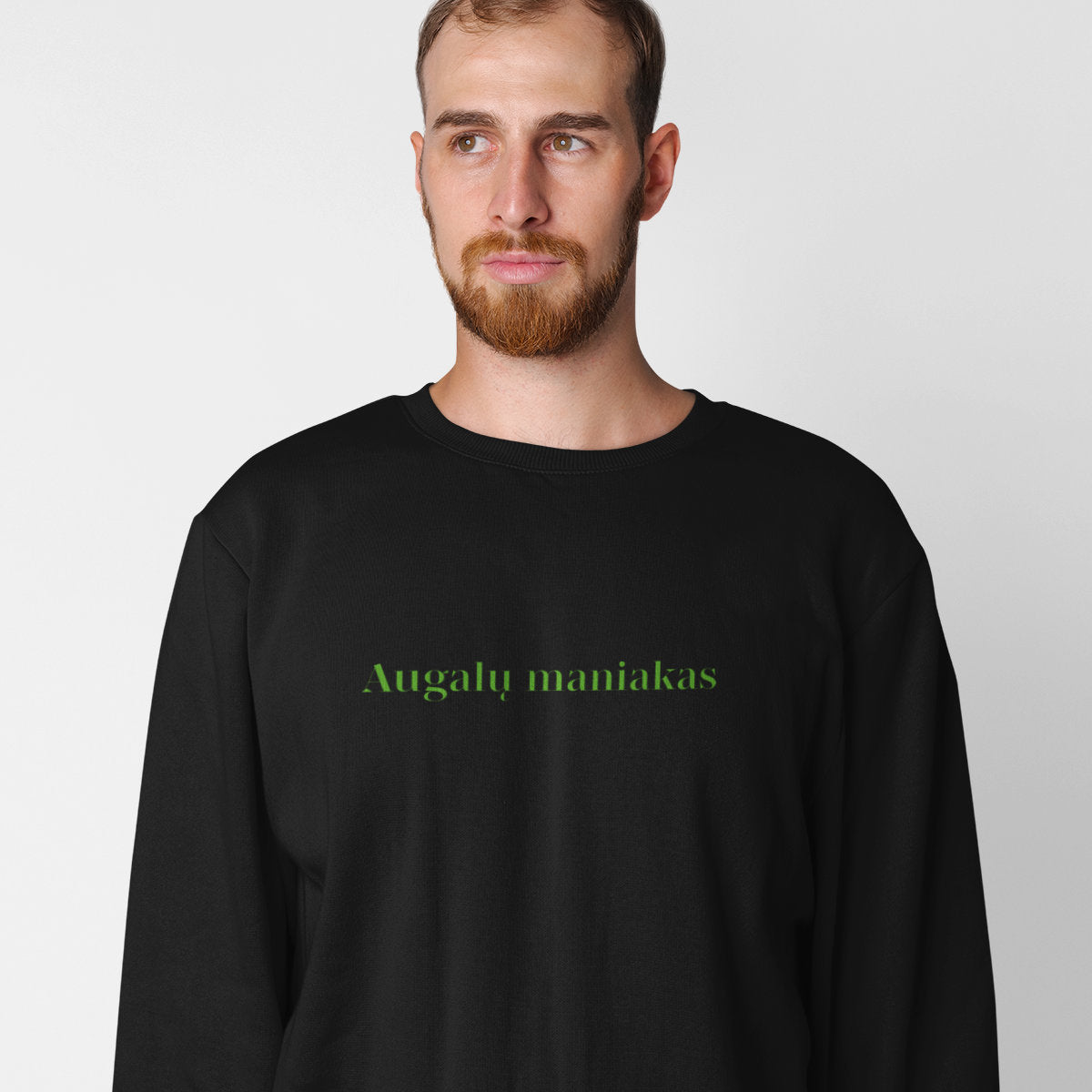 Juodas UNISEX džemperis be gobtuvo "Augalų maniakas"