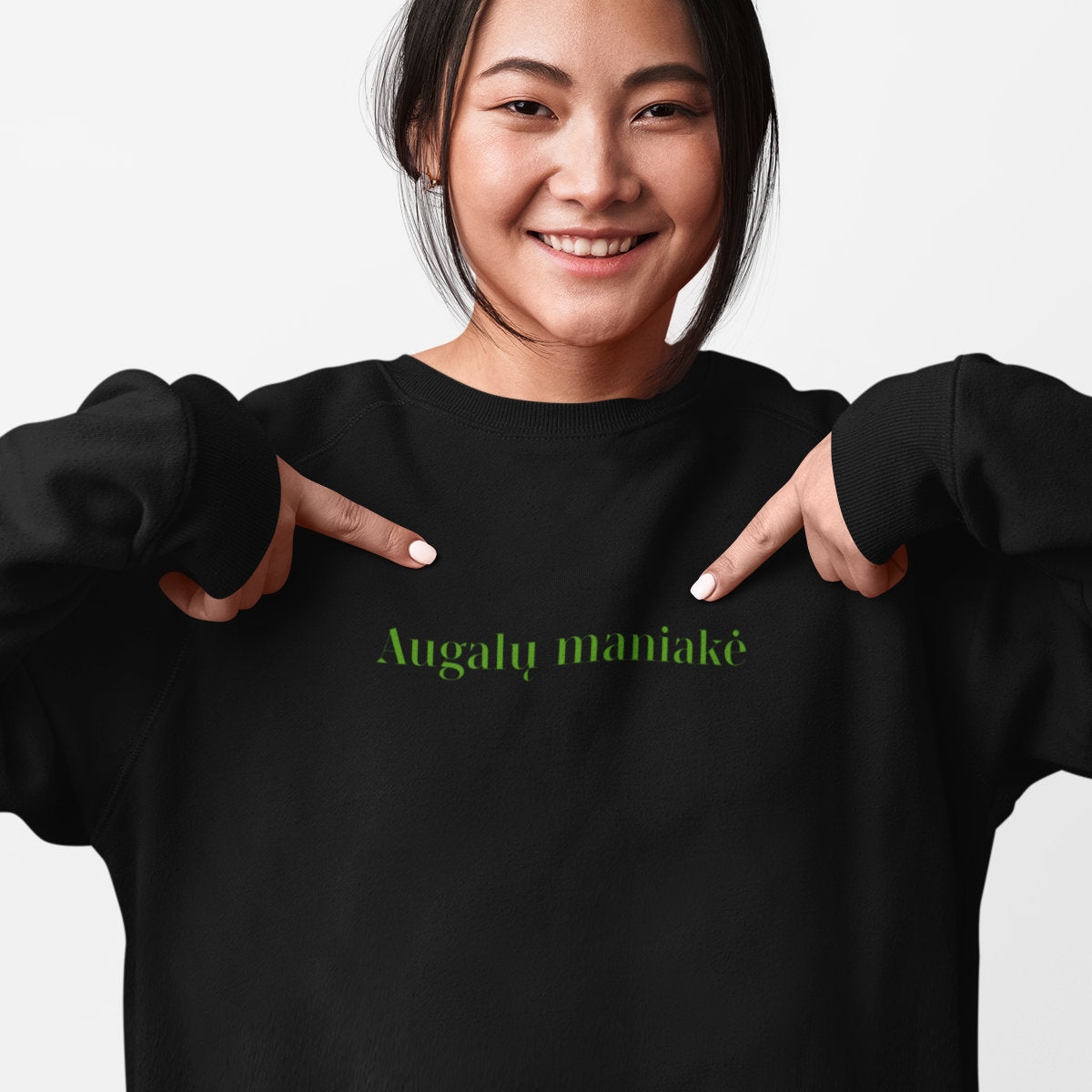 Juodas UNISEX džemperis be gobtuvo "Augalų maniakė" Pagaminta prekė (2XL)