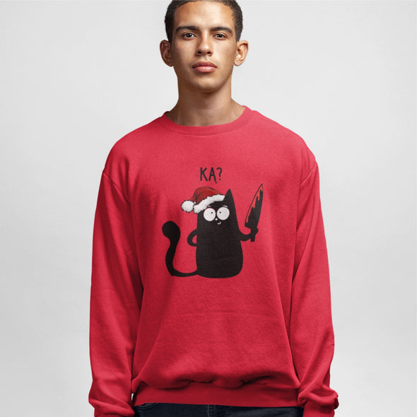 Raudonas UNISEX kalėdinis džemperis be gobtuvo "Ką katiniukas"