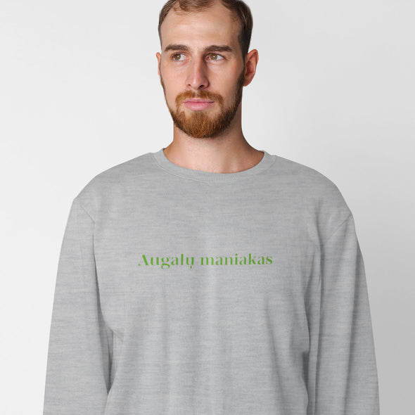 Pilkas melanžinis UNISEX džemperis be gobtuvo "Augalų maniakas"