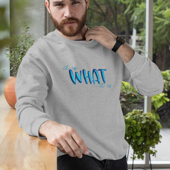 Pilkas melanžinis UNISEX džemperis be gobtuvo "It is what it is"