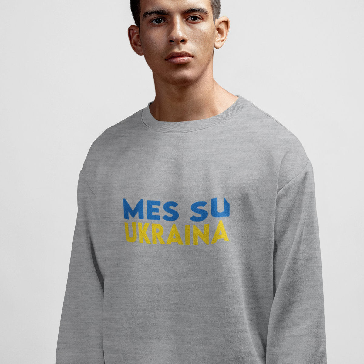 Pilkas melanžinis džemperis be gobtuvo "Mes su Ukraina"