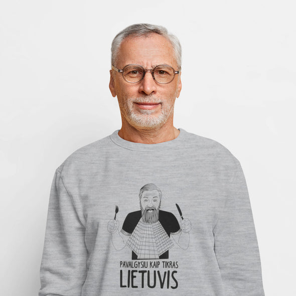Pilkas melanžinis džemperis be gobtuvo "Pavalgysiu kaip tikras lietuvis"