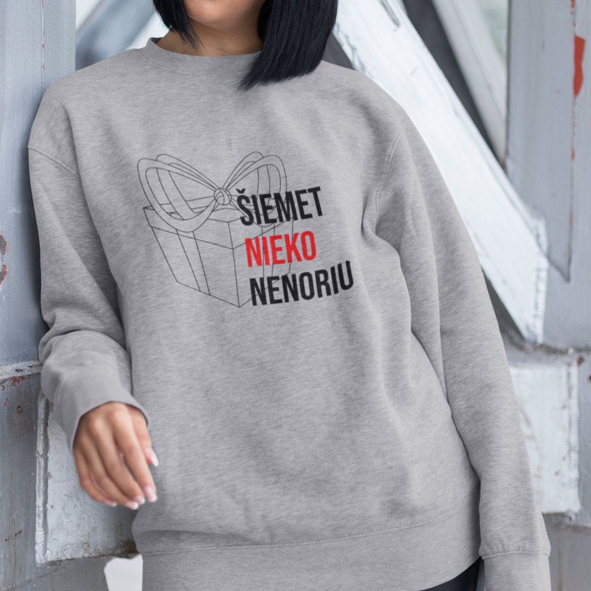 Pilkas melanžinis UNISEX džemperis be gobtuvo "Šiemet nieko nenoriu"