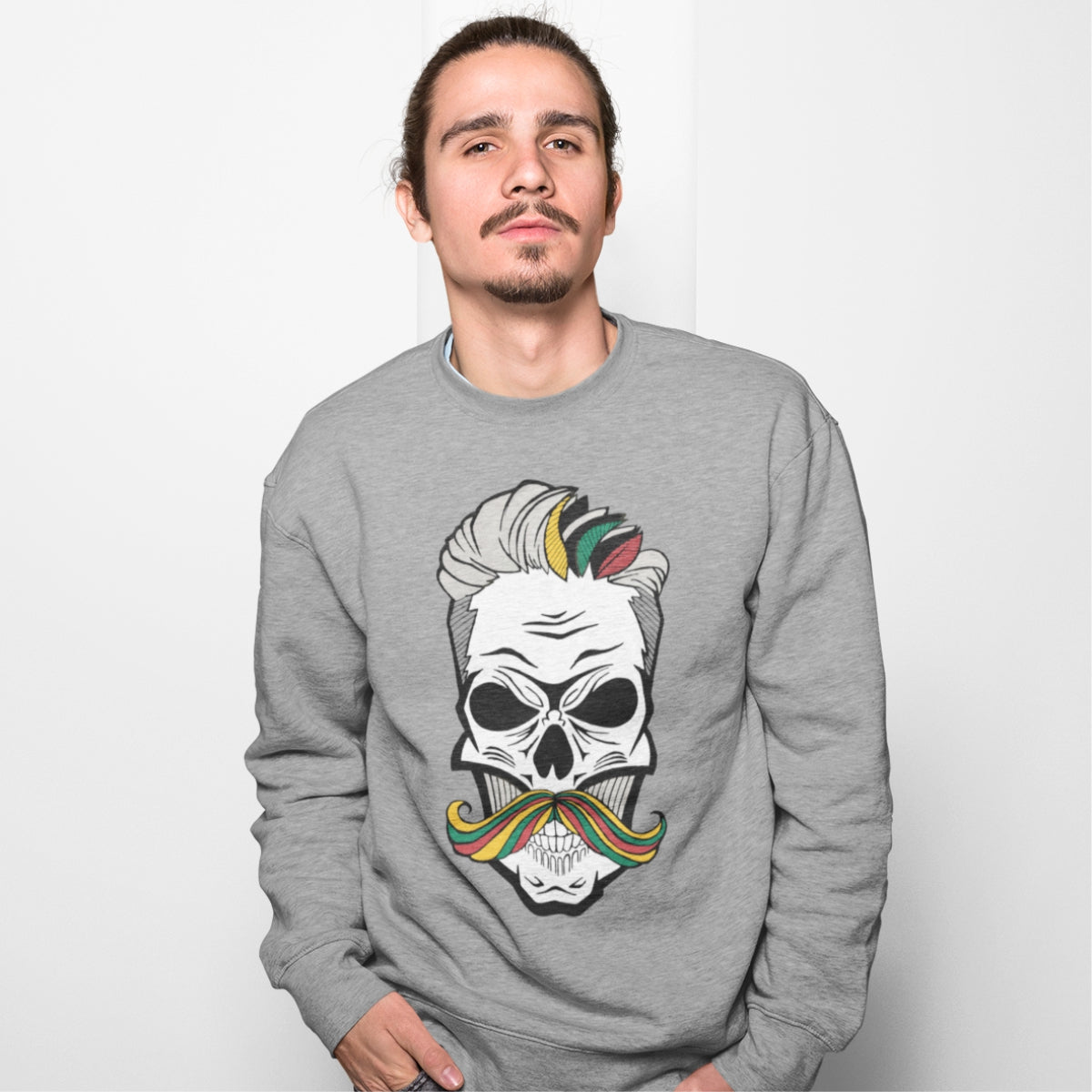 Pilkas UNISEX džemperis be gobtuvo "Spalvoti ūsai"