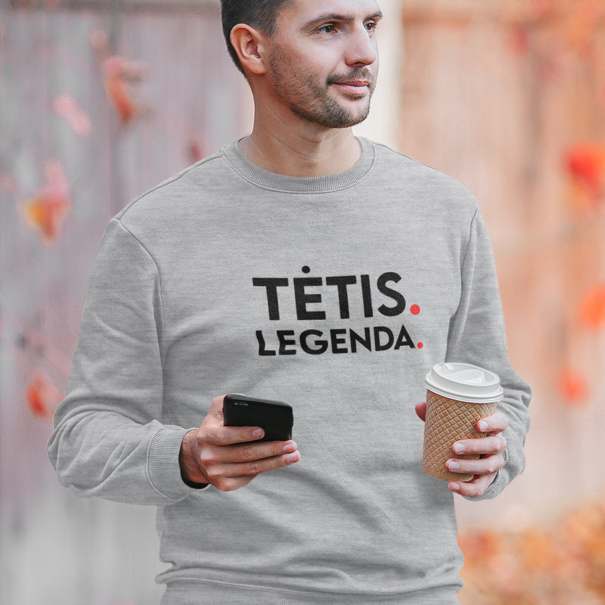 Pilkas melanžinis džemperis be gobtuvo su užrašu "Tėtis legenda"