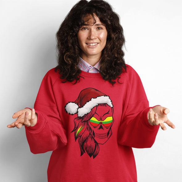 Raudonas UNISEX kalėdinis džemperis be gobtuvo "Kalėdinė moteriška kaukolė"