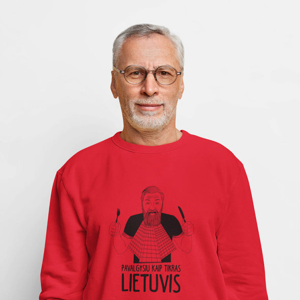 Raudonas džemperis be gobtuvo "Pavalgysiu kaip tikras lietuvis"