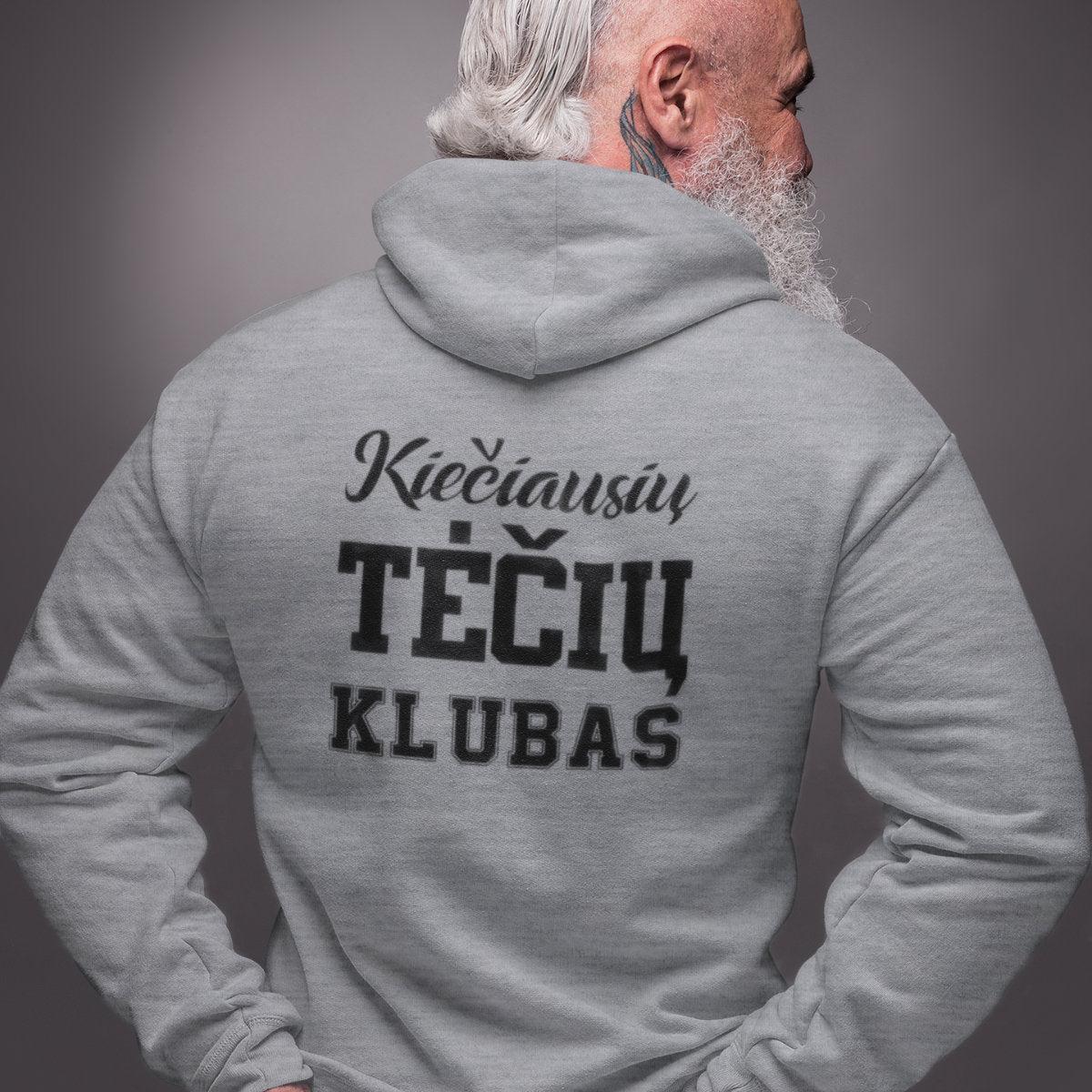 Pilkas melanžinis džemperis su gobtuvu ir spauda ant nugaros "Kiečiausių tėčių klubas"