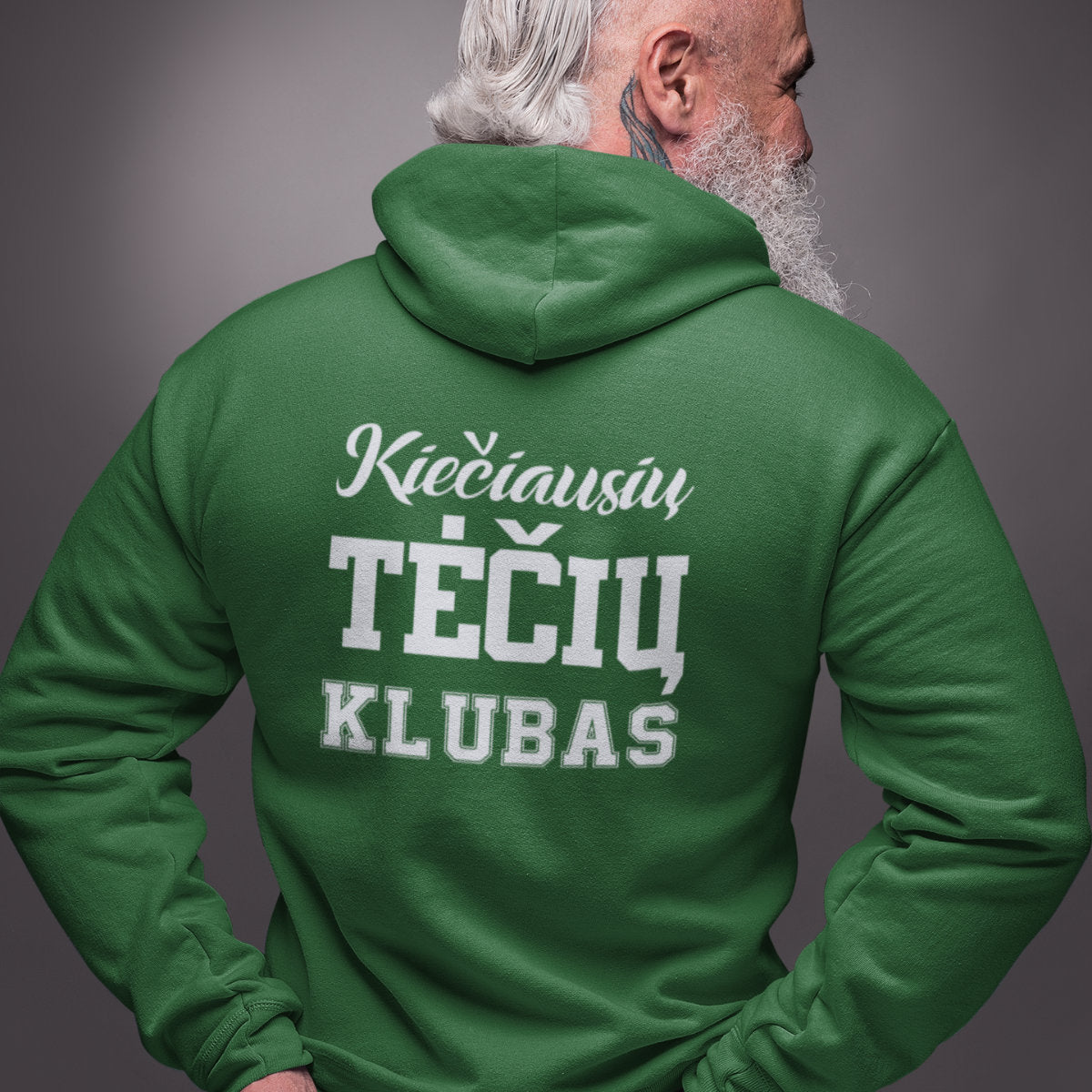 Tamsiai žalias džemperis su gobtuvu ir spauda ant nugaros "Kiečiausių tėčių klubas"