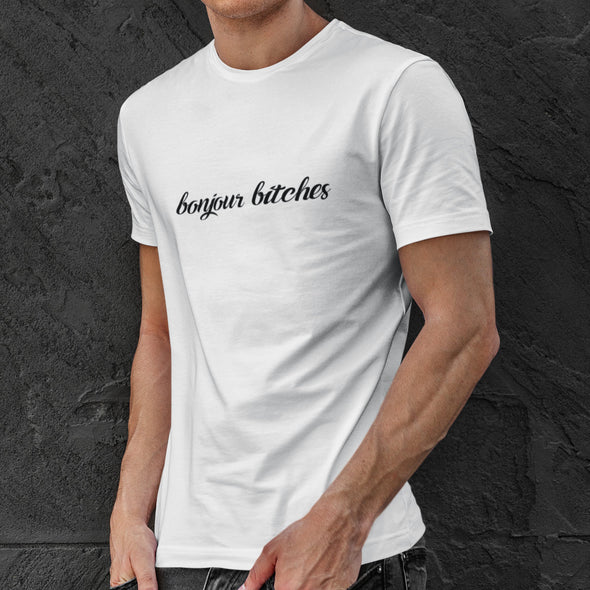Balti UNISEX marškinėliai "Bonjour bitches"