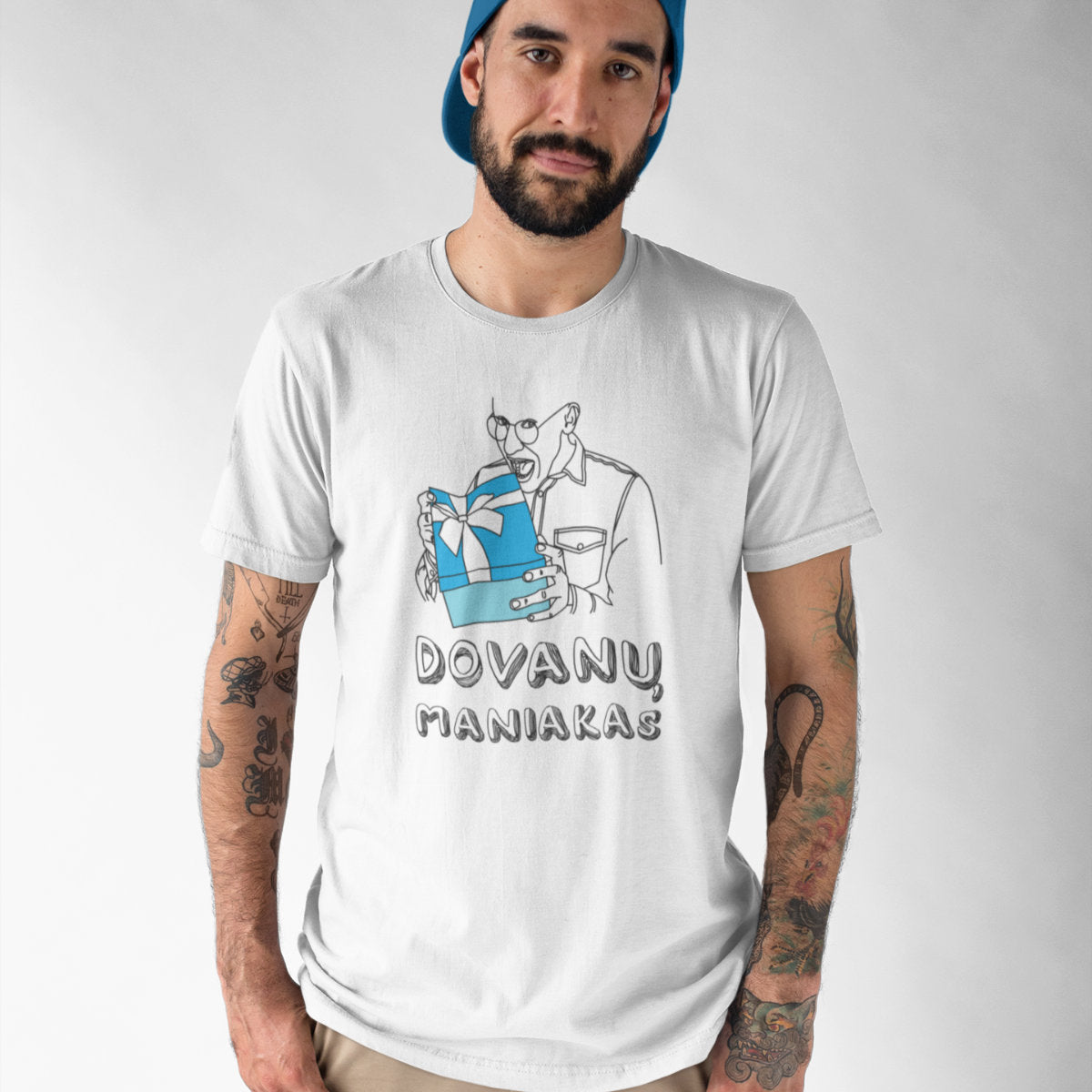 Balti UNISEX kalėdiniai marškinėliai "Dovanų maniakas"