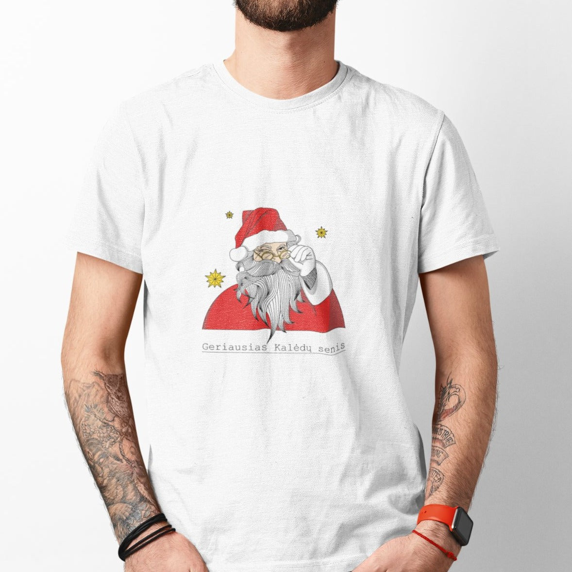 Balti UNISEX kalėdiniai marškinėliai "Geriausias Kalėdų senis"