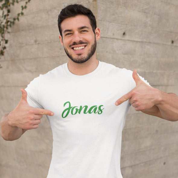 Balti UNISEX marškinėliai su aksominiu žaliu marginimu "Jonas"