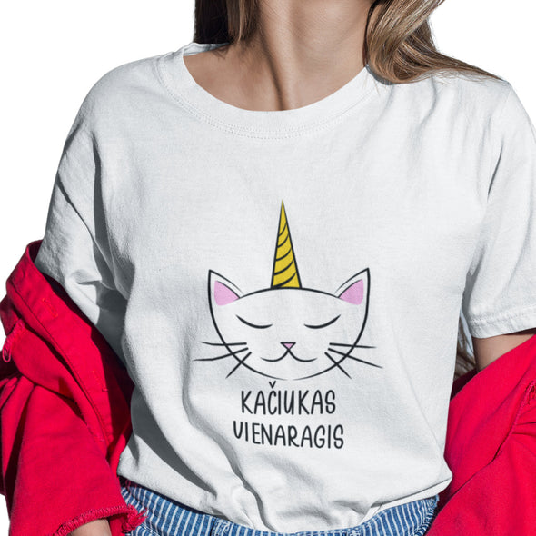 Balti UNISEX marškinėliai "Kačiukas vienaragis"