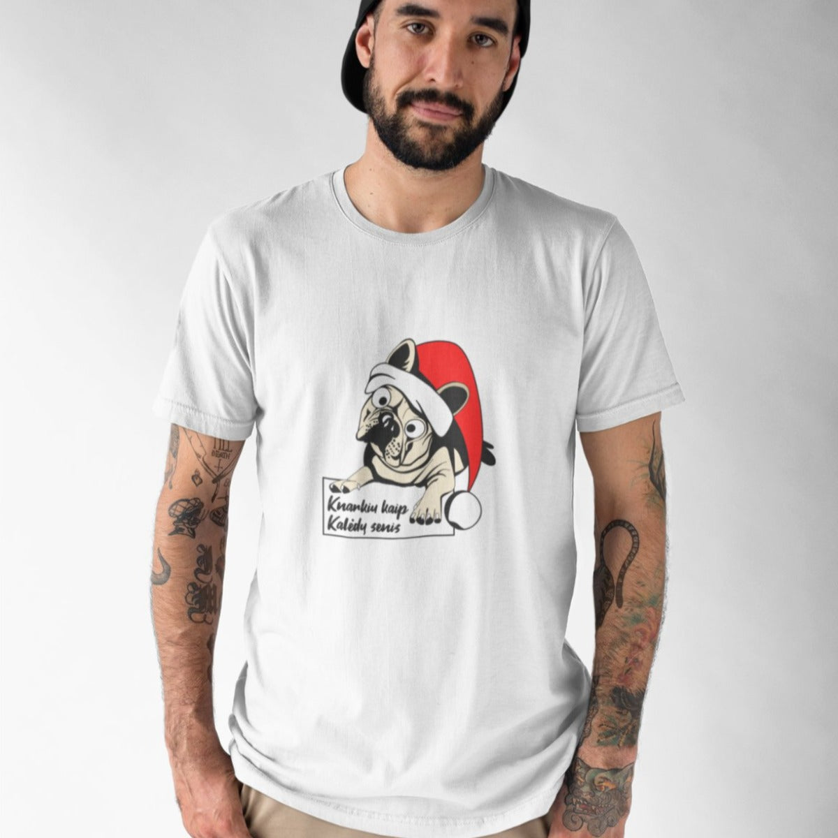 Balti UNISEX kalėdiniai marškinėliai "Knarkiu kaip Kalėdų senis"