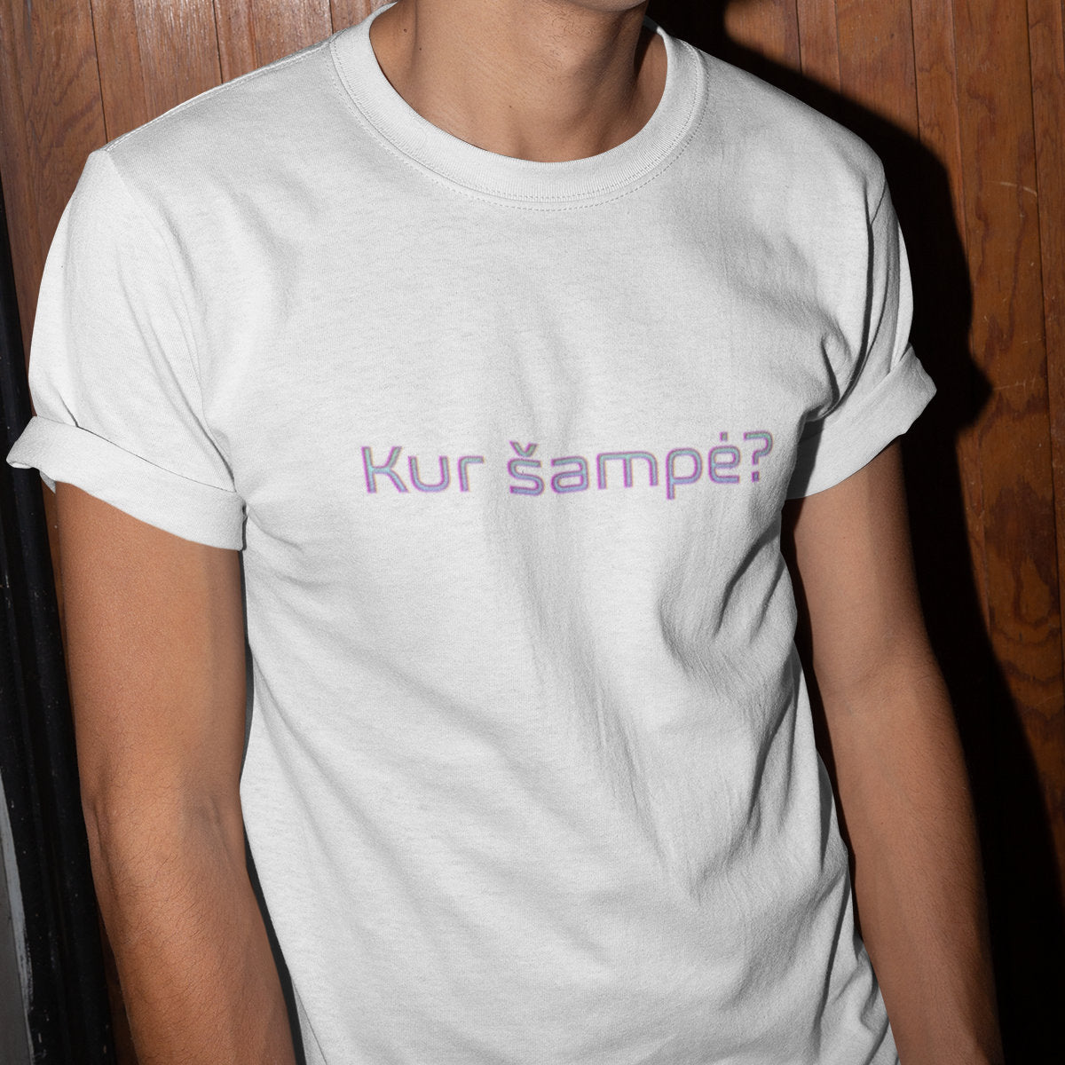 Balti UNISEX marškinėliai "Kur šampė?"