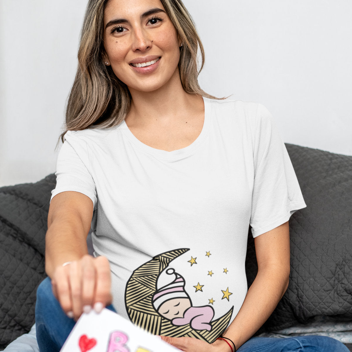 Balti UNISEX marškinėliai "Mergaitė mėnulyje“