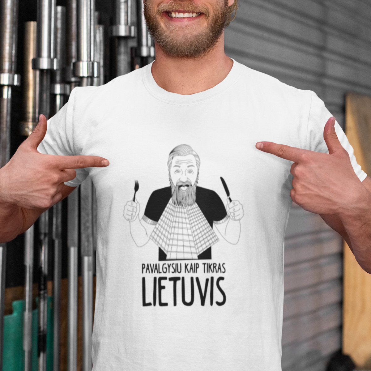 Balti marškinėliai "Pavalgysiu kaip tikras lietuvis“