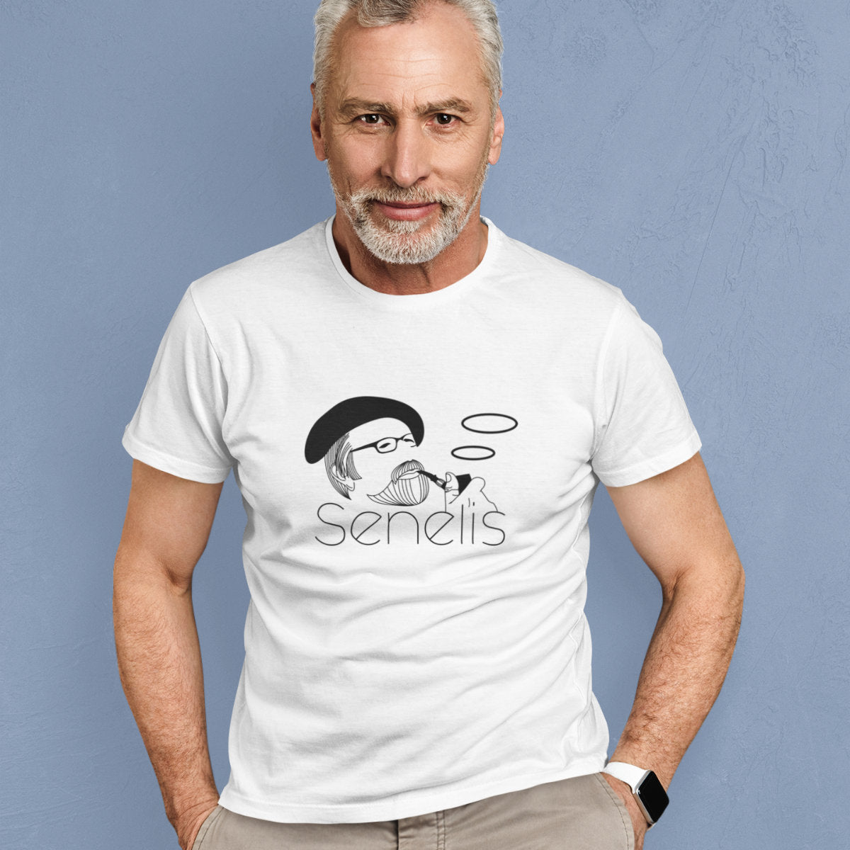 Balti marškinėliai su užrašu "Senelis su pypke"