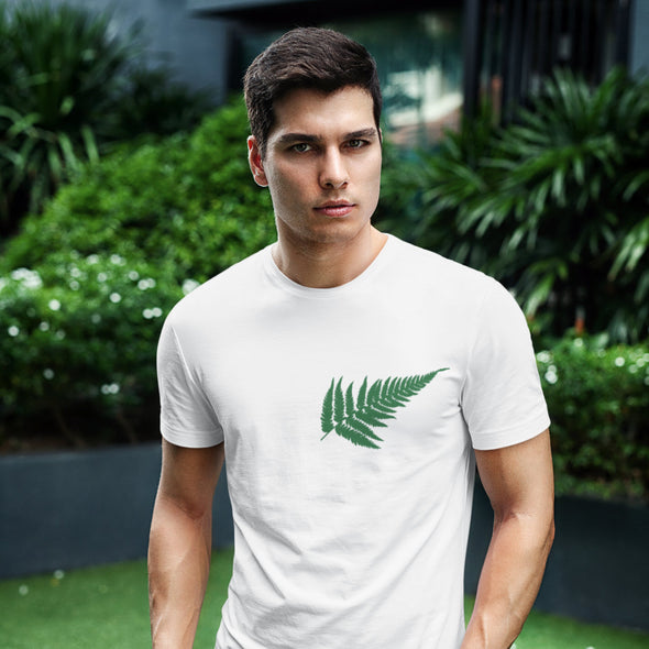 Balti UNISEX marškinėliai su aksominiu žaliu marginimu "Papartis"