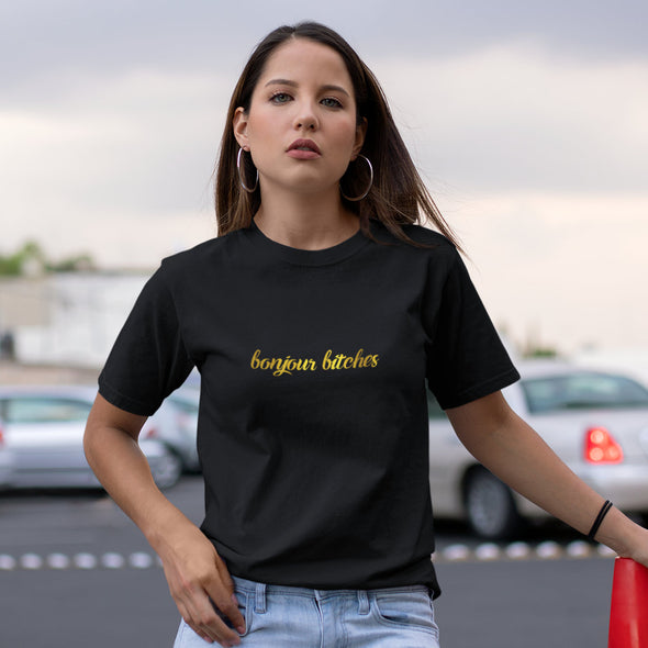 Juodi UNISEX marškinėliai su blizgiu auksiniu marginimu "Bonjour bitches"
