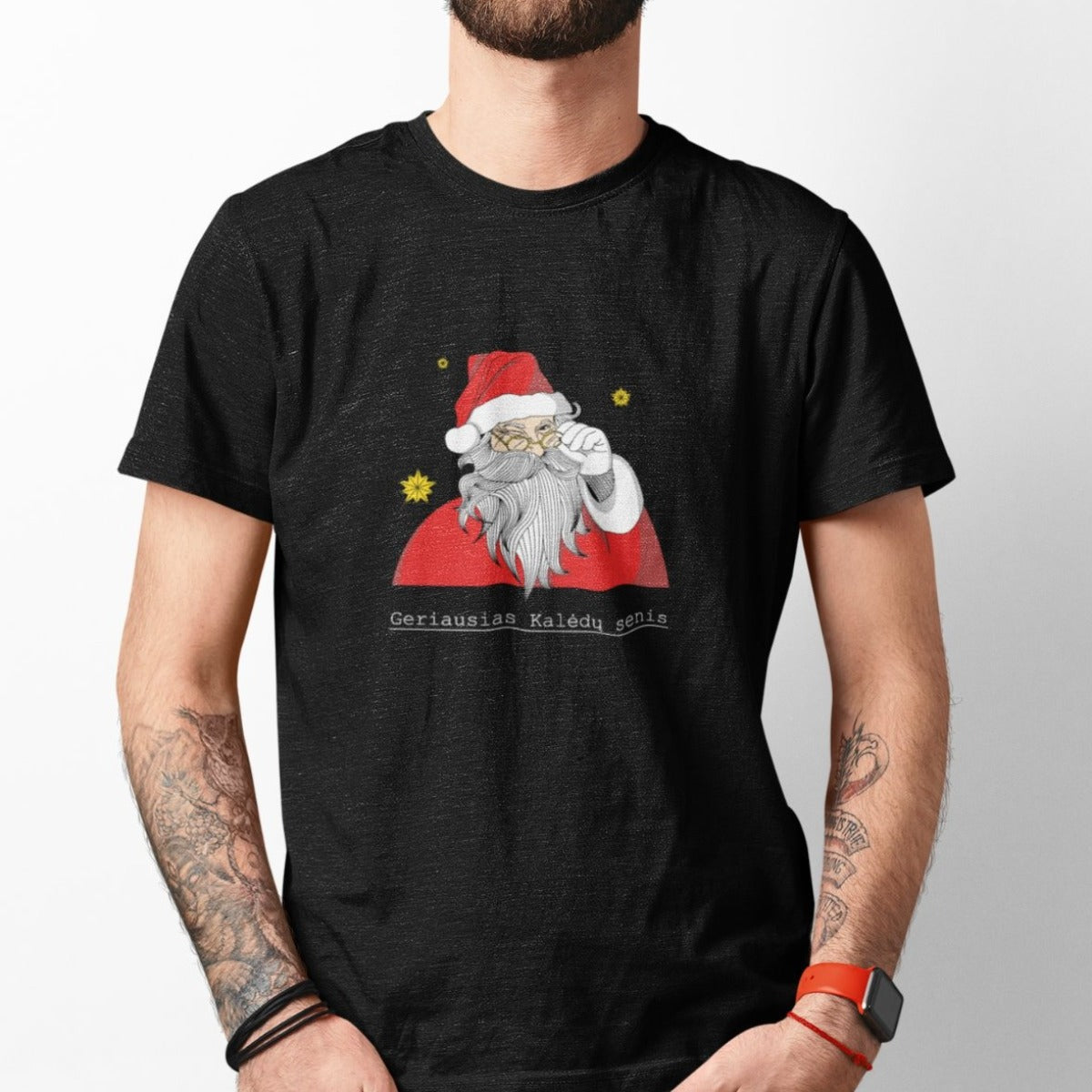 Juodi UNISEX kalėdiniai marškinėliai "Geriausias Kalėdų senis"