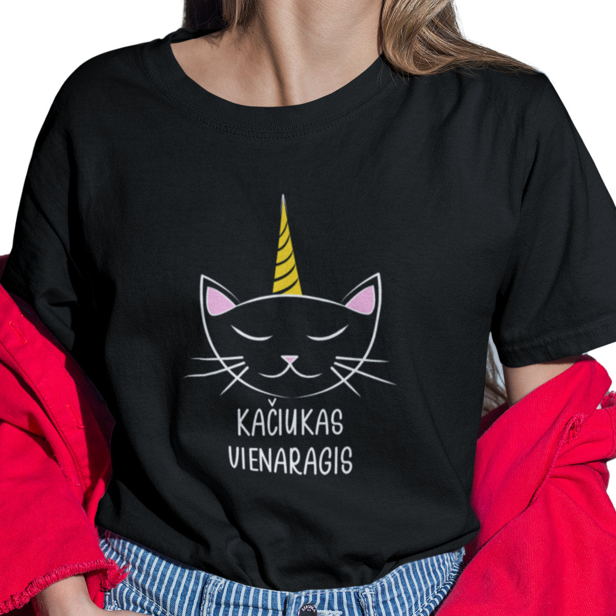 Juodi UNISEX marškinėliai "Kačiukas vienaragis"