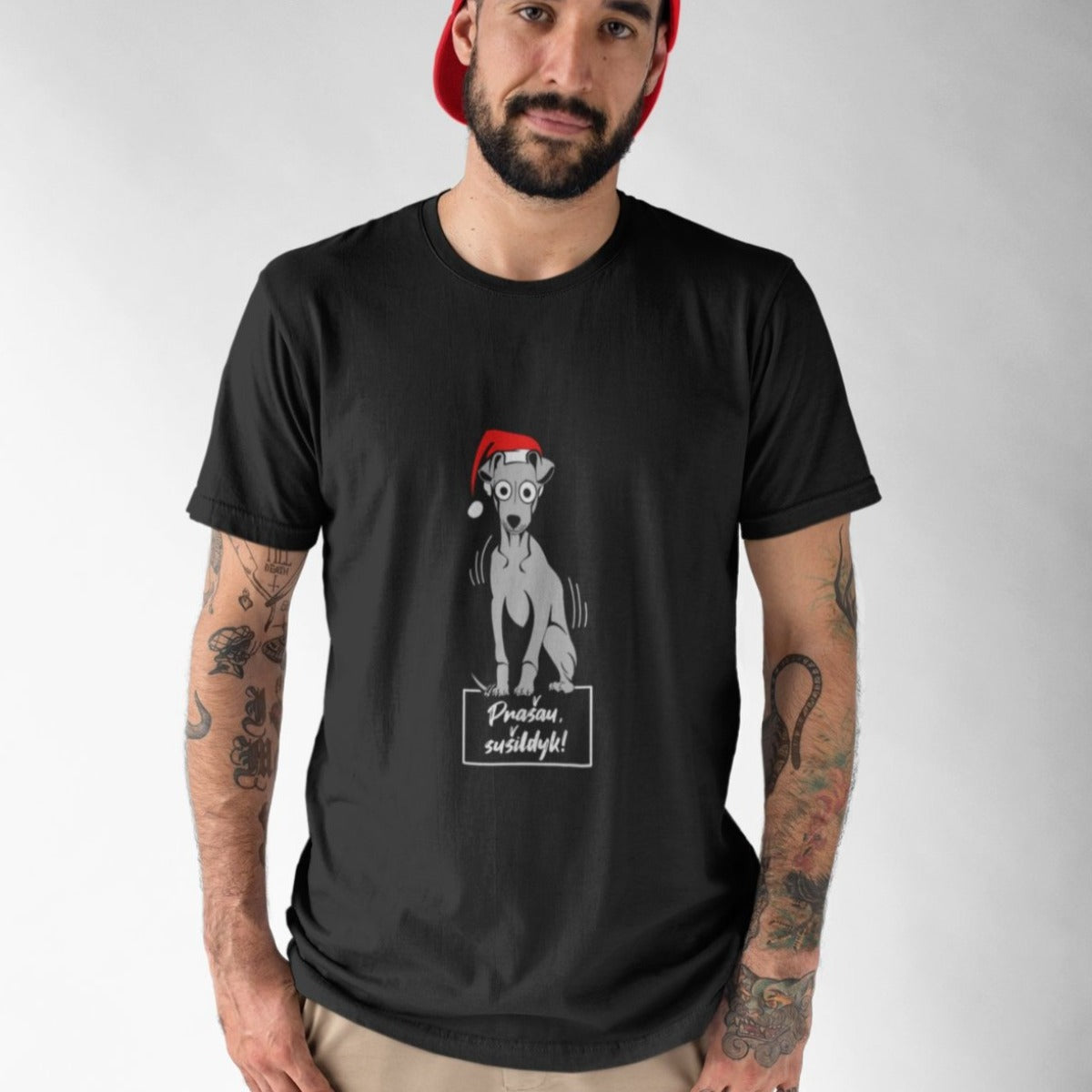 Juodi UNISEX kalėdiniai marškinėliai "Prašau sušildyk"