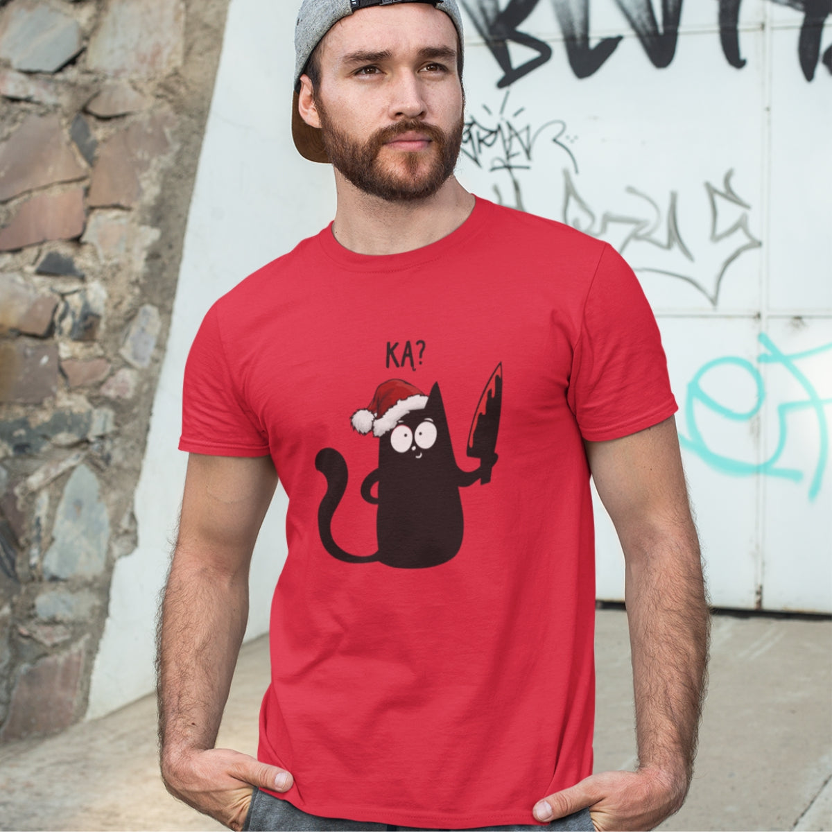 Raudoni UNISEX kalėdiniai marškinėliai "Ką katiniukas Kalėdos"