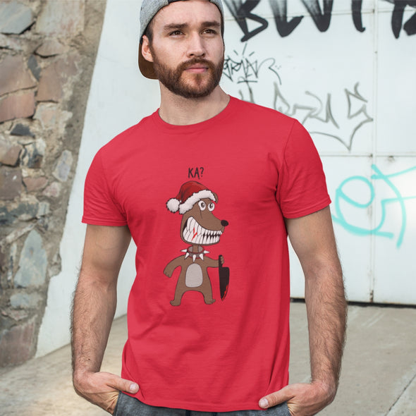 Raudoni UNISEX kalėdiniai marškinėliai "Ką šuniukas Kalėdos"