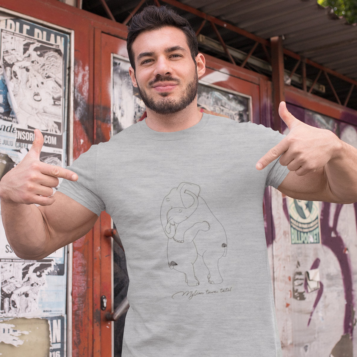 Pilki melanžiniai UNISEX marškinėliai "Apsikabinę drambliai"