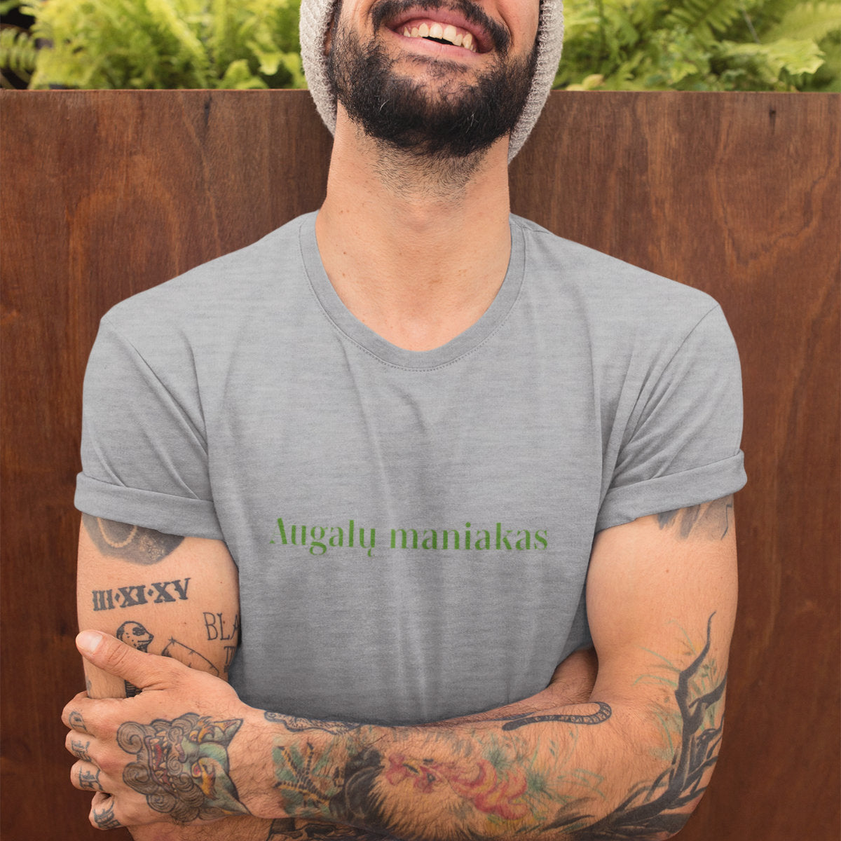 Pilki melanžiniai UNISEX marškinėliai "Augalų maniakas"