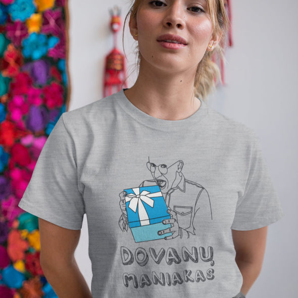 Pilki melanžiniai UNISEX kalėdiniai marškinėliai "Dovanų maniakas"