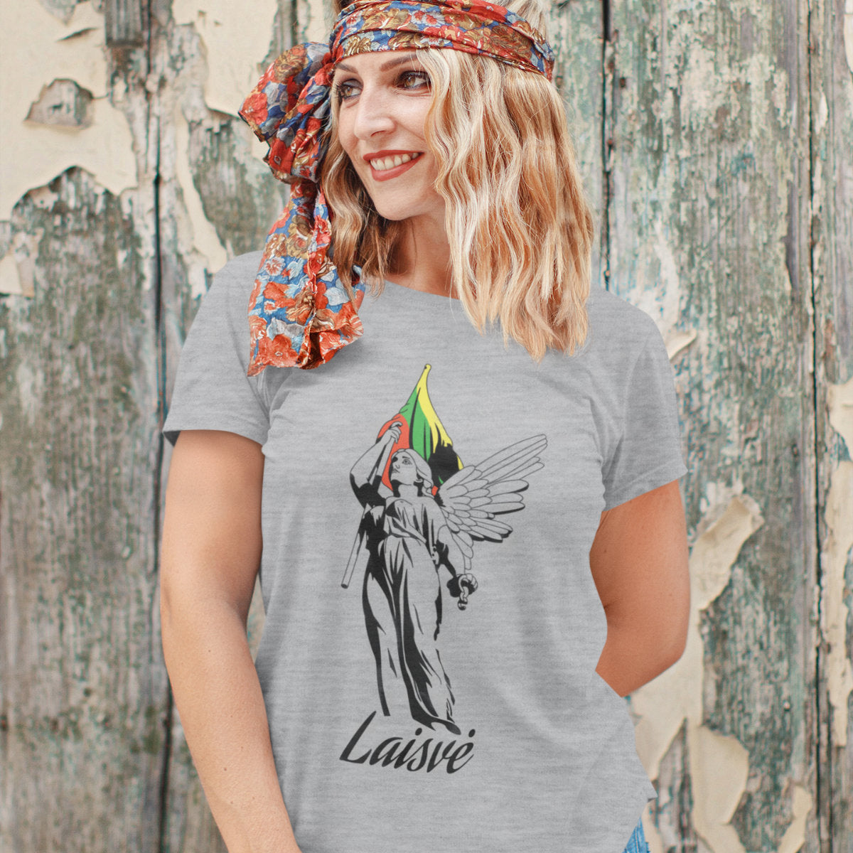 Pilki melanžiniai UNISEX marškinėliai "Laisvės statula“